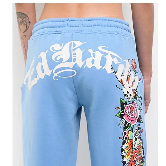 Ed Hardy Flower Skulls Powder Blue Women’s Sweatpants Medium Graphic Print Y2K - Picture 3 of 13